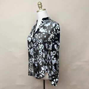 Alice + Olivia Floral Mandarin-Collar Shirt, Silk Sheer Blouse Black/Silver XS